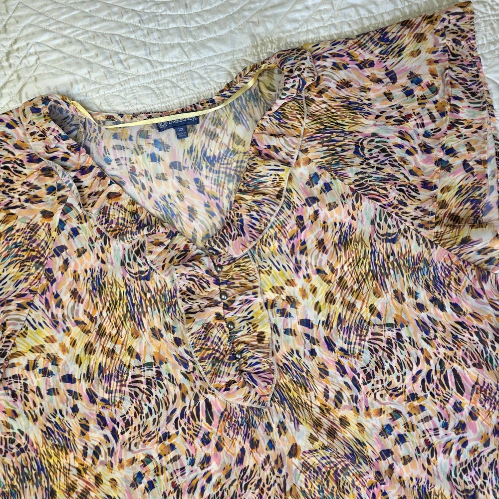 Democracy Womens 2XL Sheer Ruffle Cheetah Print Bohemian Boho Top Layer Buttons
